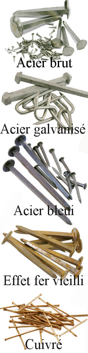 Clous en acier brut, bleui, galvanisé, etc : clous forgés, semences et pointes