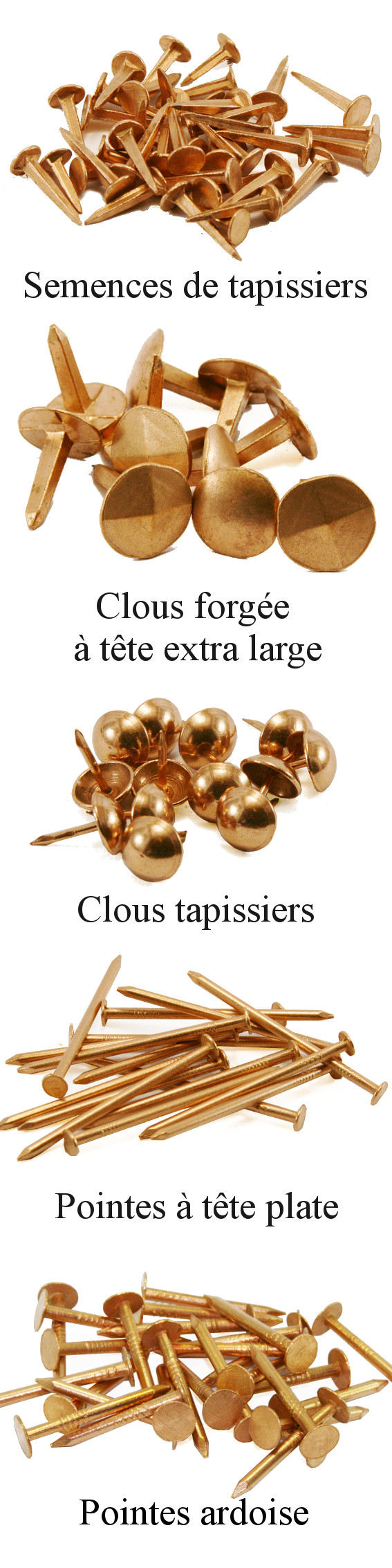 Clous en cuivre : pointes, semences, clous forgés, tapissiers, ardoise