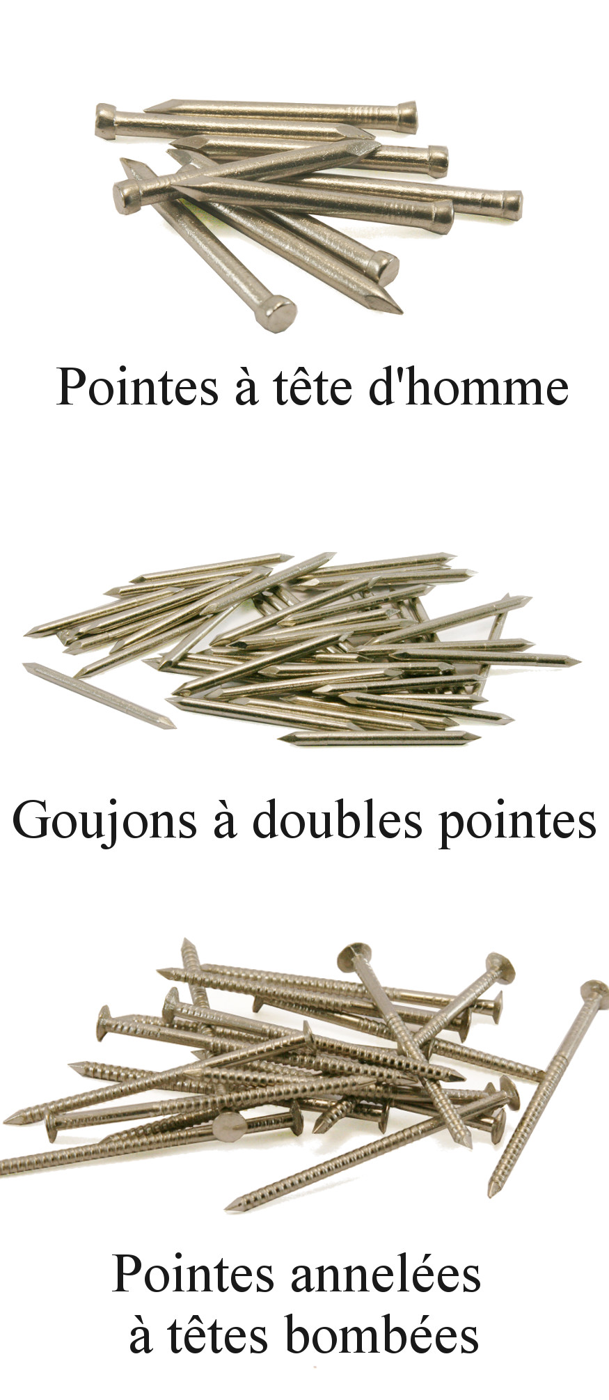 Clous en Inox : pointes, goujons à double pointe, pointes annelées