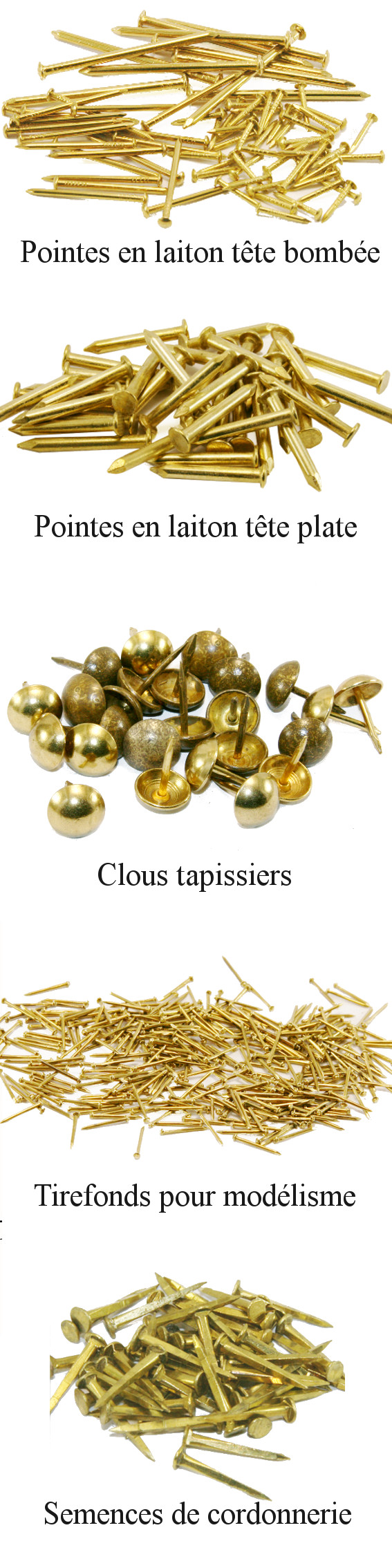 Clous en laiton : semences, pointes, tirefonds, clous tapissiers